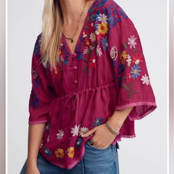Johnny Was Magenta Floral Embroidered Blouse
